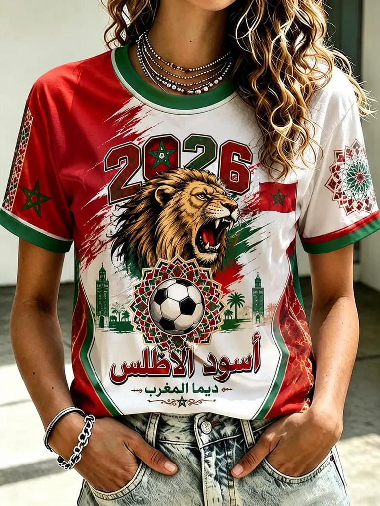 2026 Nové tričko s vlajkou marockého národního týmu Dámské sportovní oblečení s výstřihem do V s erbem "MOROCCO" a tradičním lemováním Neformální topy Dres