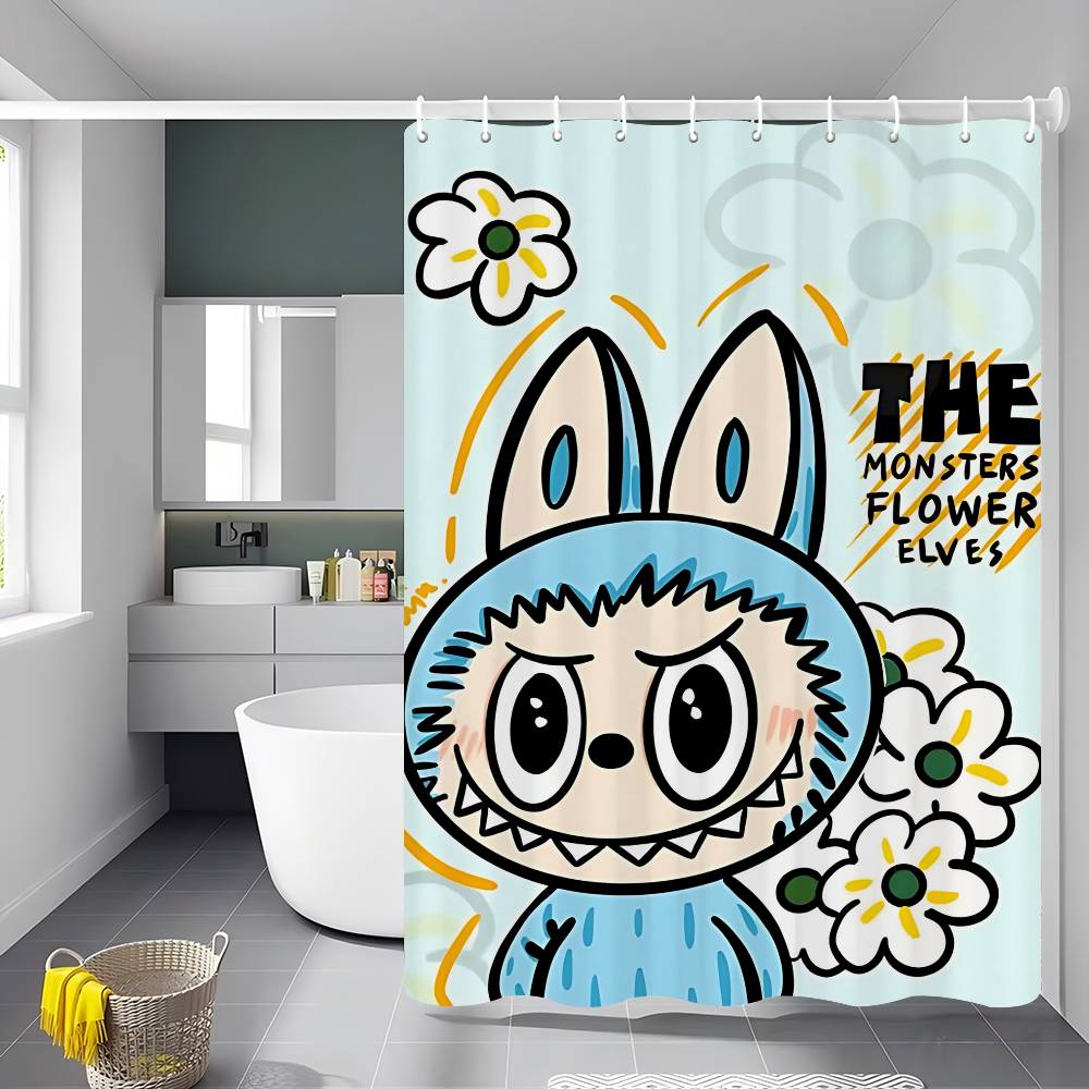 Cute L-labubu Cartoon Shower Curtain Bath Curtain Print Polyester Fabric Waterproof Bathroom Curtains With Hooks Bath Screen