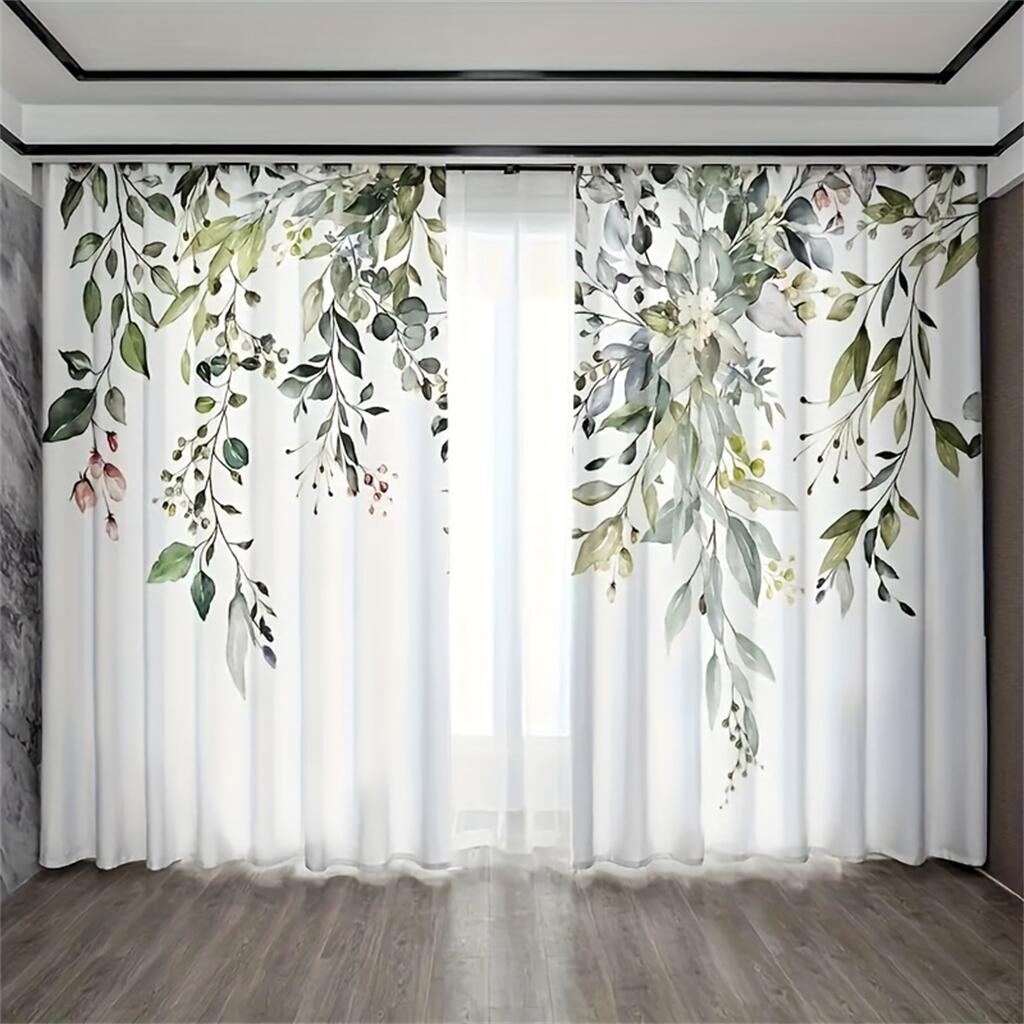 Nordic Fresh Green Leaves Print Curtains Modern Botanical Window Drapes 2 Panels Living Room Bedroom Curtains
