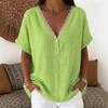 Women V Neck Short Sleeve Blouse with Lace Trim Solid Color Casual Loose Fit Summer Top
