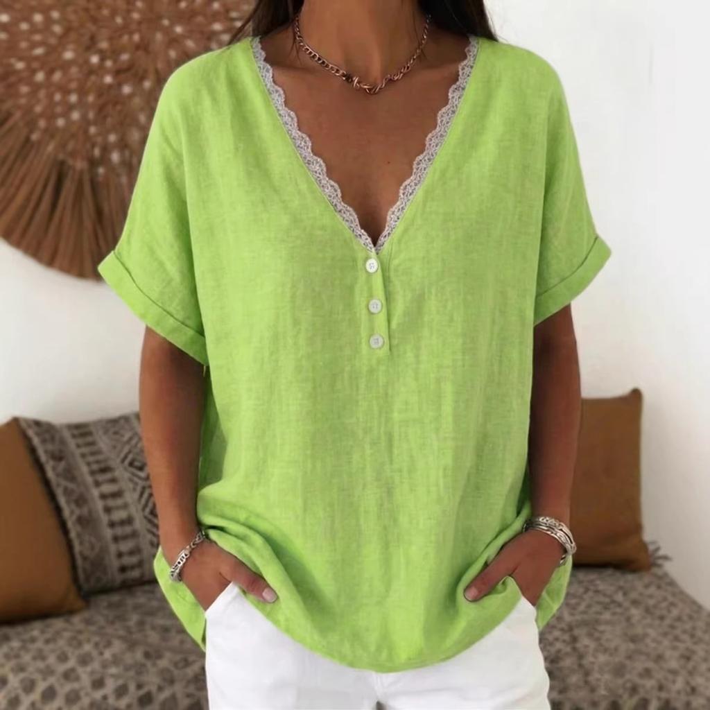 Women V Neck Short Sleeve Blouse with Lace Trim Solid Color Casual Loose Fit Summer Top