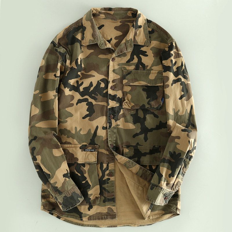Trade More Than Cut the Tag Off Orders American Vintage Camouflage Long Sleeve Shirts Men's Spring and Autumn Multi-pockets Loose Cargo Top Tide