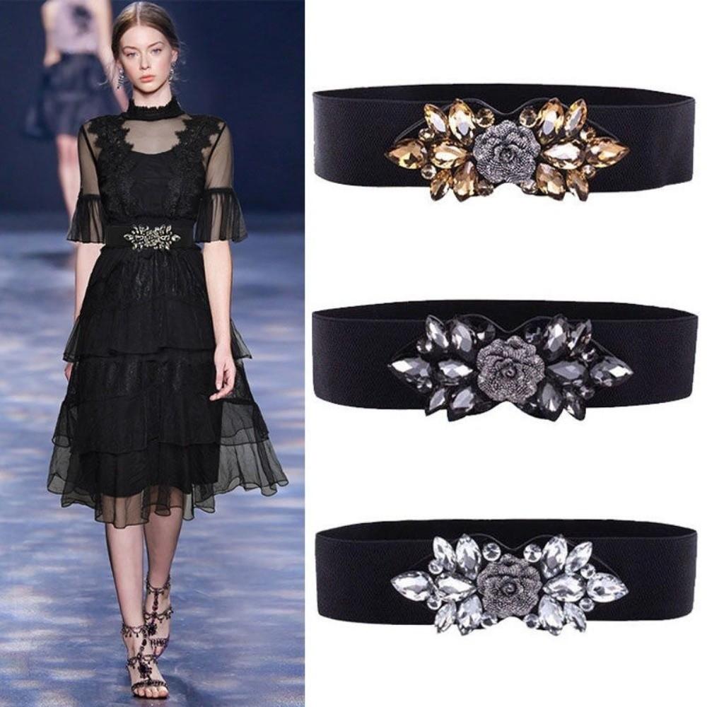 Korean Style Women Waistband Wide Rhinestone Waist Belt Simple Elastic Cummerbunds  Jacket