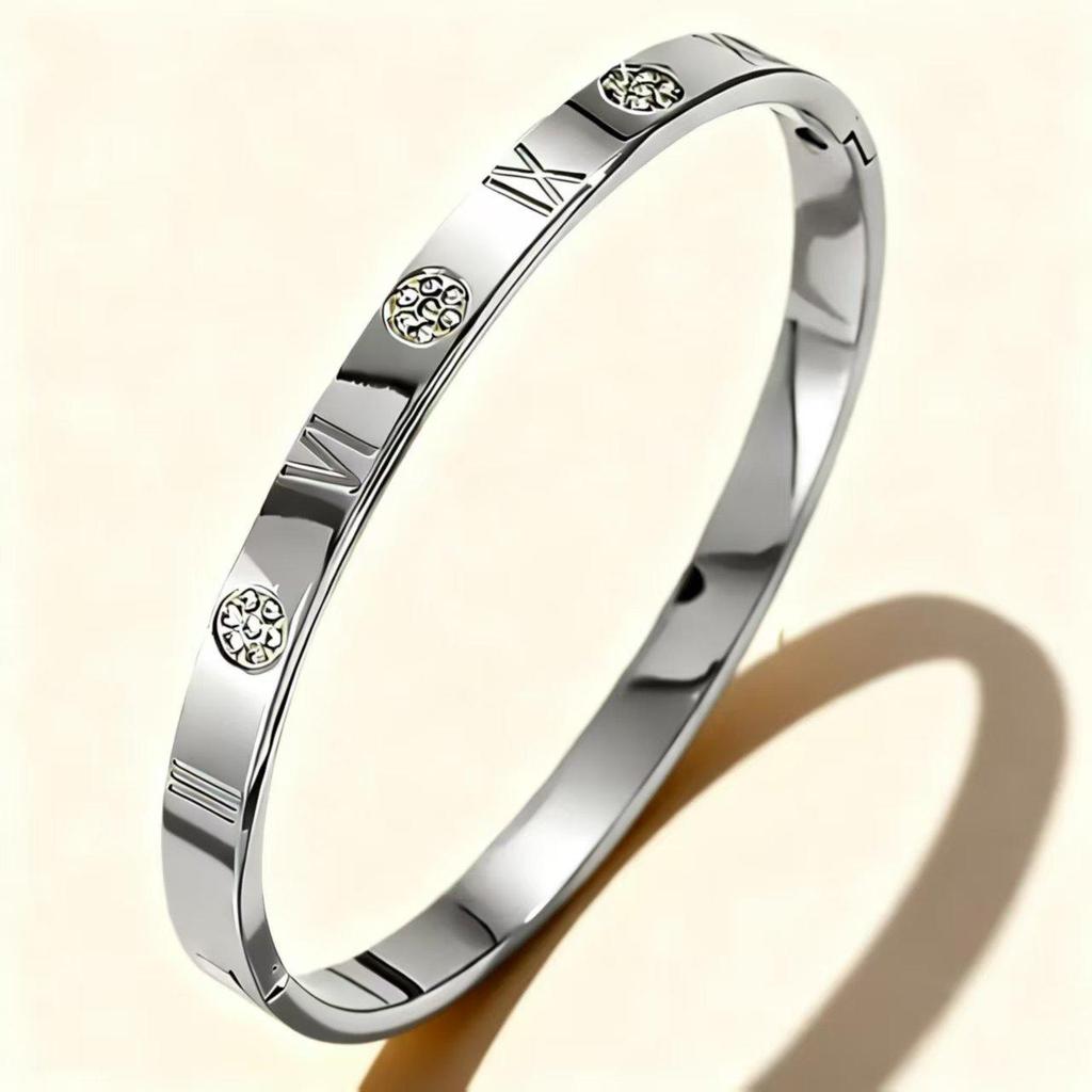 Elegant Roman Numeral Intertwined Titanium Steel Bracelet for Women - Diamond Inlaid, Double Layer, Colorfast Jewelry