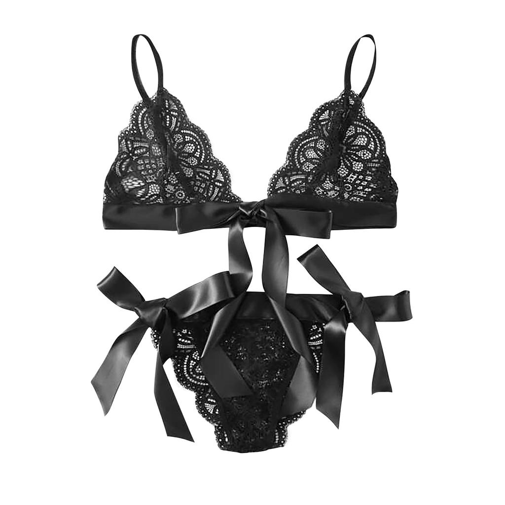 Lace Bralette Set with Bow Tie Straps Two Piece Lingerie Set Sheer Mesh Triangle Bra and Matching Panty Soft Fabric Intimate Wear for Women