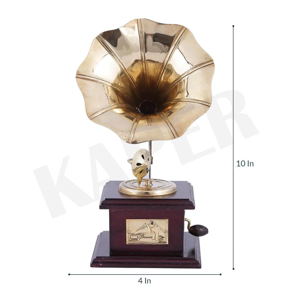 Brass Decorative Gramophone Showpiece & Ceramic Flower Vase Set | Home Decor Combo for Living Room
