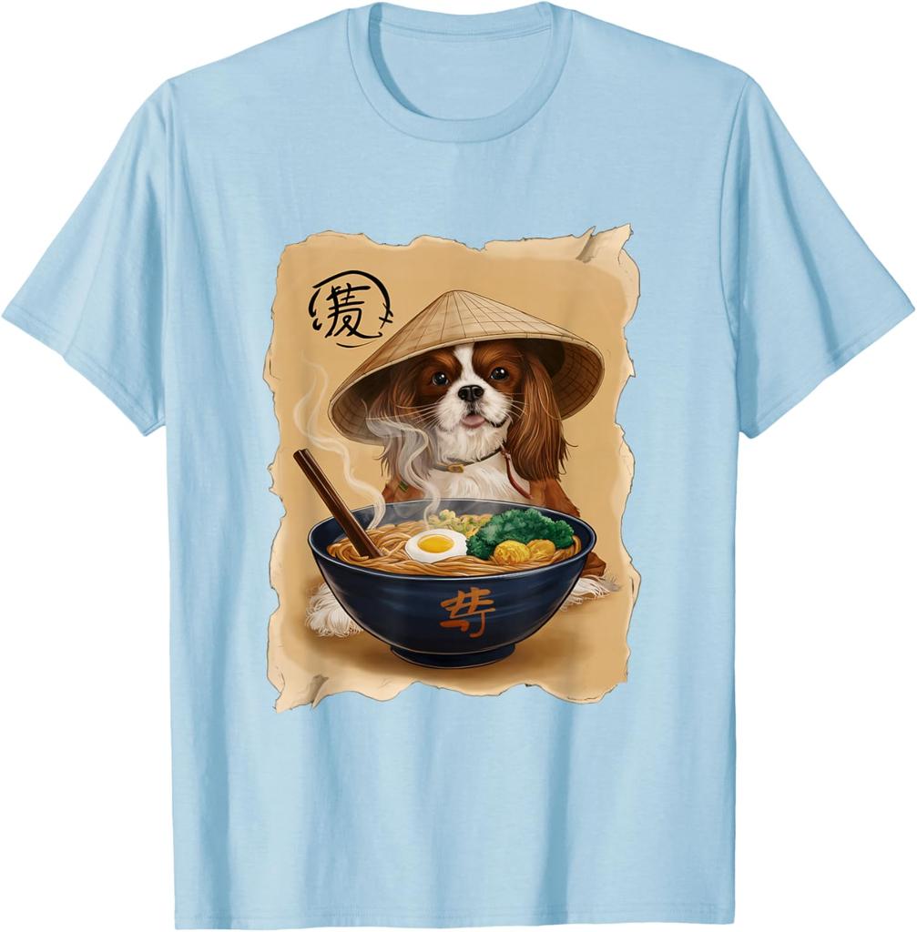 Cavalier King Charles Spaniel Eating Ramen Graphic T-Shirt Cool Asian Style Print Men's Casual Tee