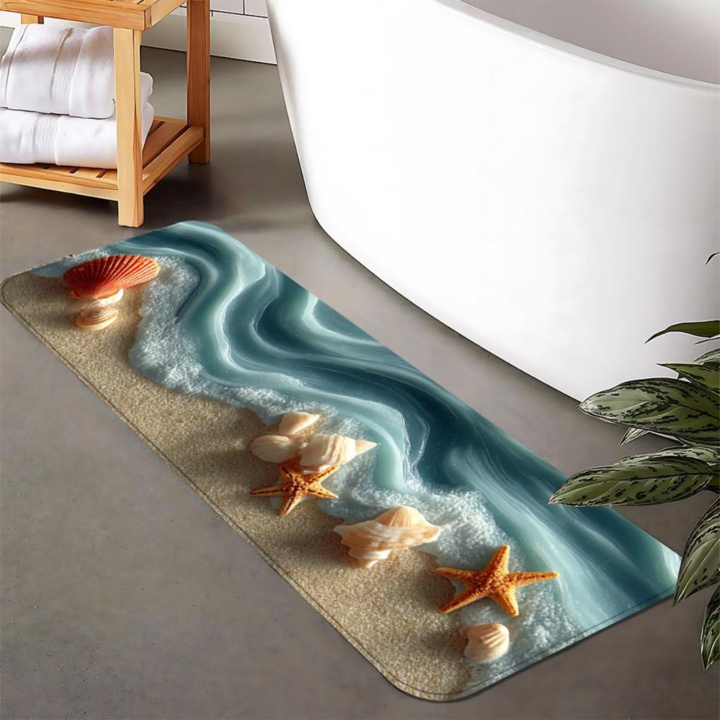 Realistic 3D Beach Waves and Seashells Themed Runner Rug, Non-Slip Washable Durable Floor Mat for Bathroom Nautical Home Decor
