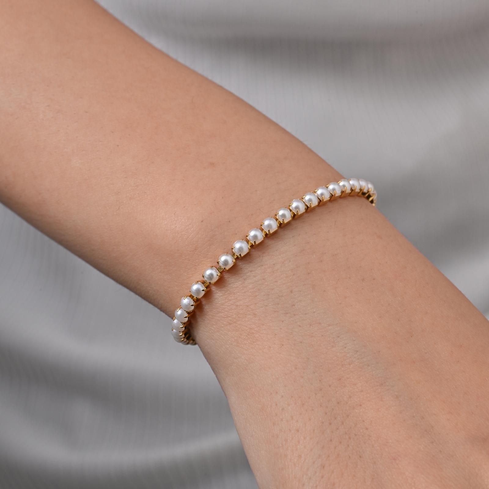 

Modern Pearl Tennis Bracelet for Women 18K Gold Plated Stainless Steel Geometric Box Pearl Link Chain Wedding Jewelry
