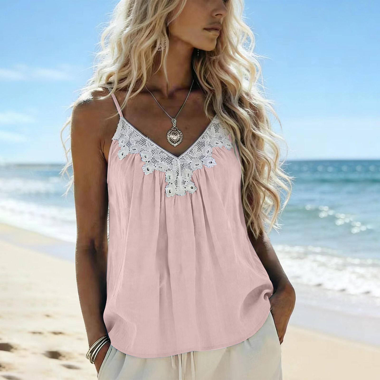 Women s Retro Loose-Fit V-Neck Lace-Trimmed Spaghetti Strap Top — Beach Vacation XL розовый