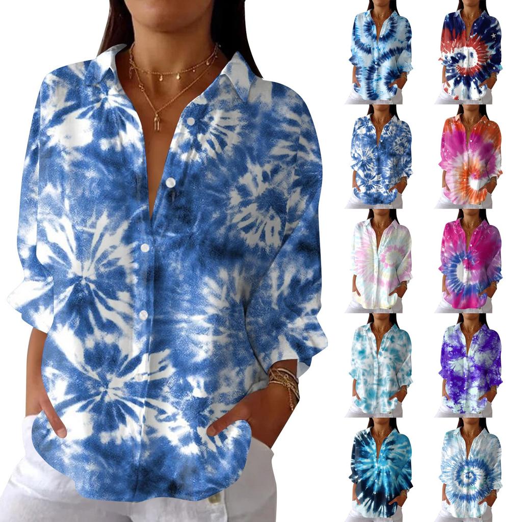 Women's Fashion 3/4 Sleeve Casual Lapel Back Tie-Dye Floral Print T-Shirt Top