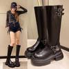 Metal Buckle Square Toe Knee High Boots Women Black PU Leather Punk Long Boots Woman Autumn 2025 Chunky Heels Motorcycle Booties