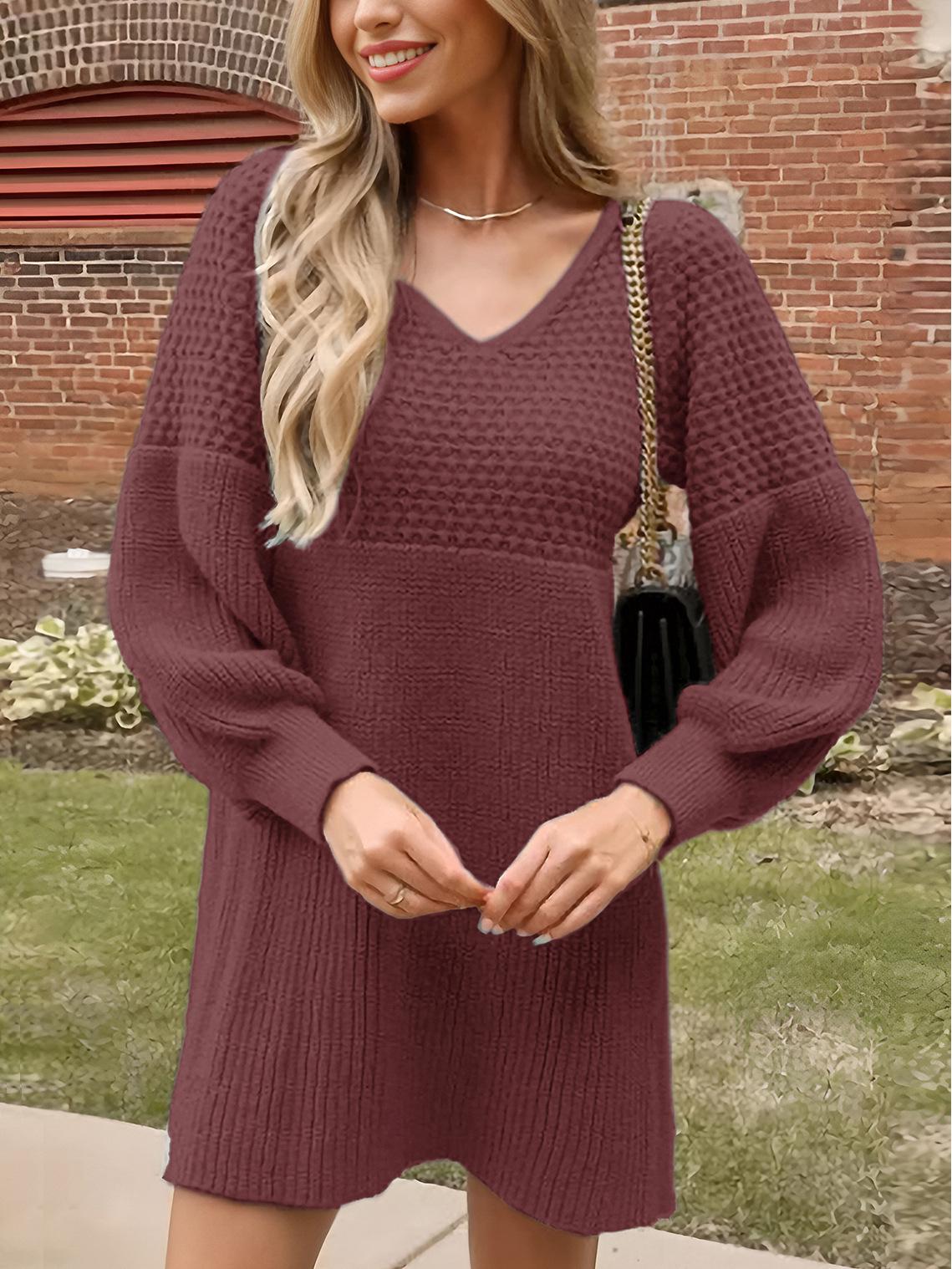 

Вязаное платье-свитер с V-образным вырезом и рукавами-фонариками в стиле ретро - Европейский и американский осенне-зимний стиль Medium кирпич красный