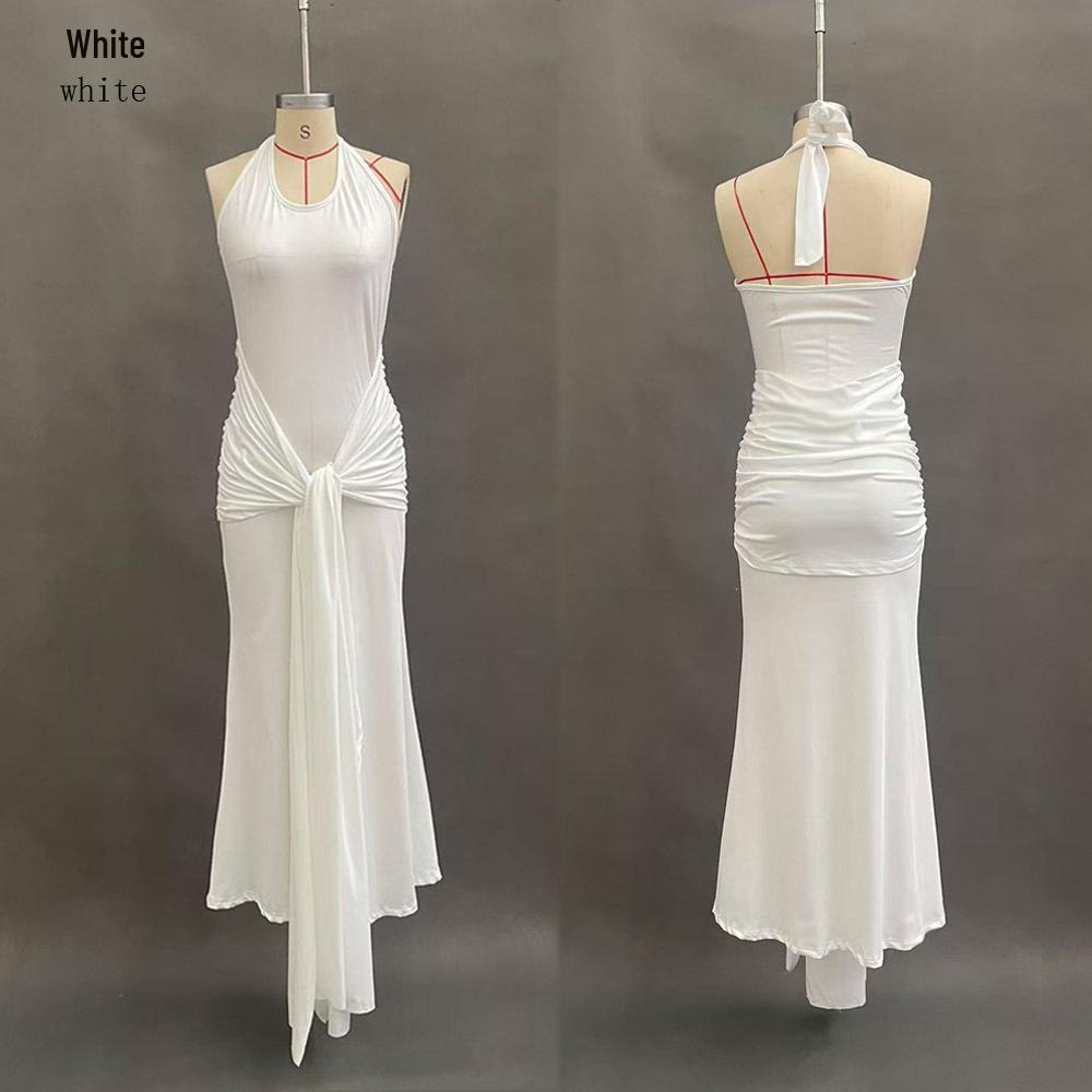 European & American Style 2025 Halterneck Strappy Evening Gown - Slim Fit, Hip-Hugging, Spliced Design S