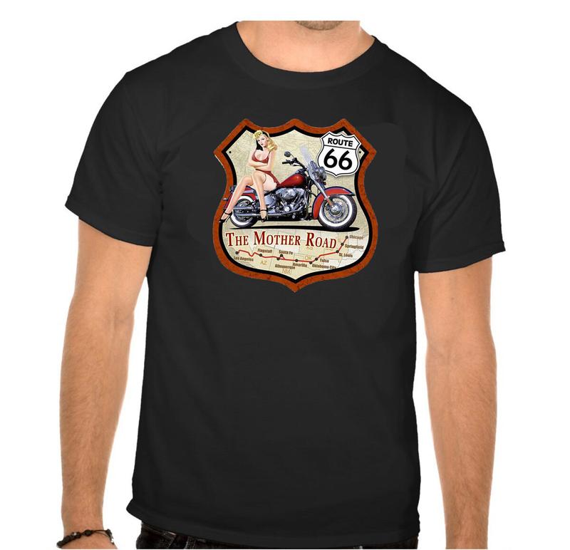 Route 66 Pin Up Bike Motorcycle Black Unisex T-Shirt L