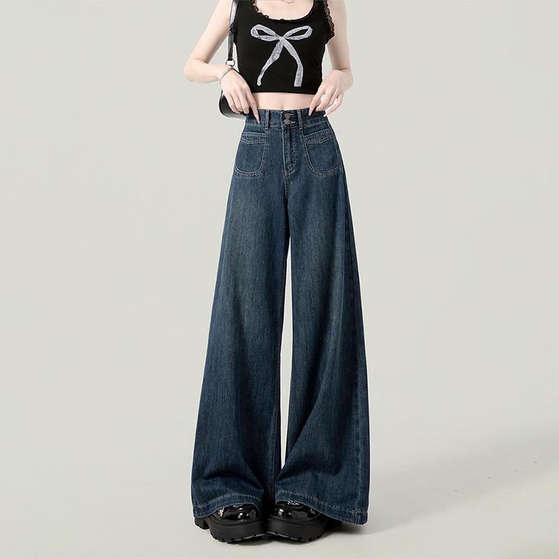 

Dark Blue Plus Size High-Waist Wide Leg Jeans for Women - Floor-Length, Loose Fit, Trendy Spring and Autumn Style. XX-Large