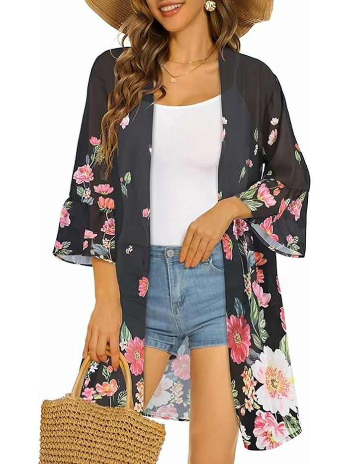 

2025 Цветочный шифоновый кардиган-кимоно - Европейский и американский стиль, Открытый спереди, Свободный крой M