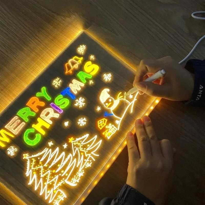 LED Night Light Up Acrylic Message Board Erasable USB Children's Drawing Board DIY for Birthday Gifts Bar Advertising Boards