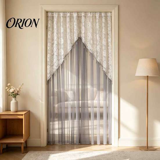 Romantic Home Decor for Living Room Sheer Floral Door Curtain with Beads, Lace Embroidered Gauze Double Layer Divider, Rod Pocket Doorway Bedroom
