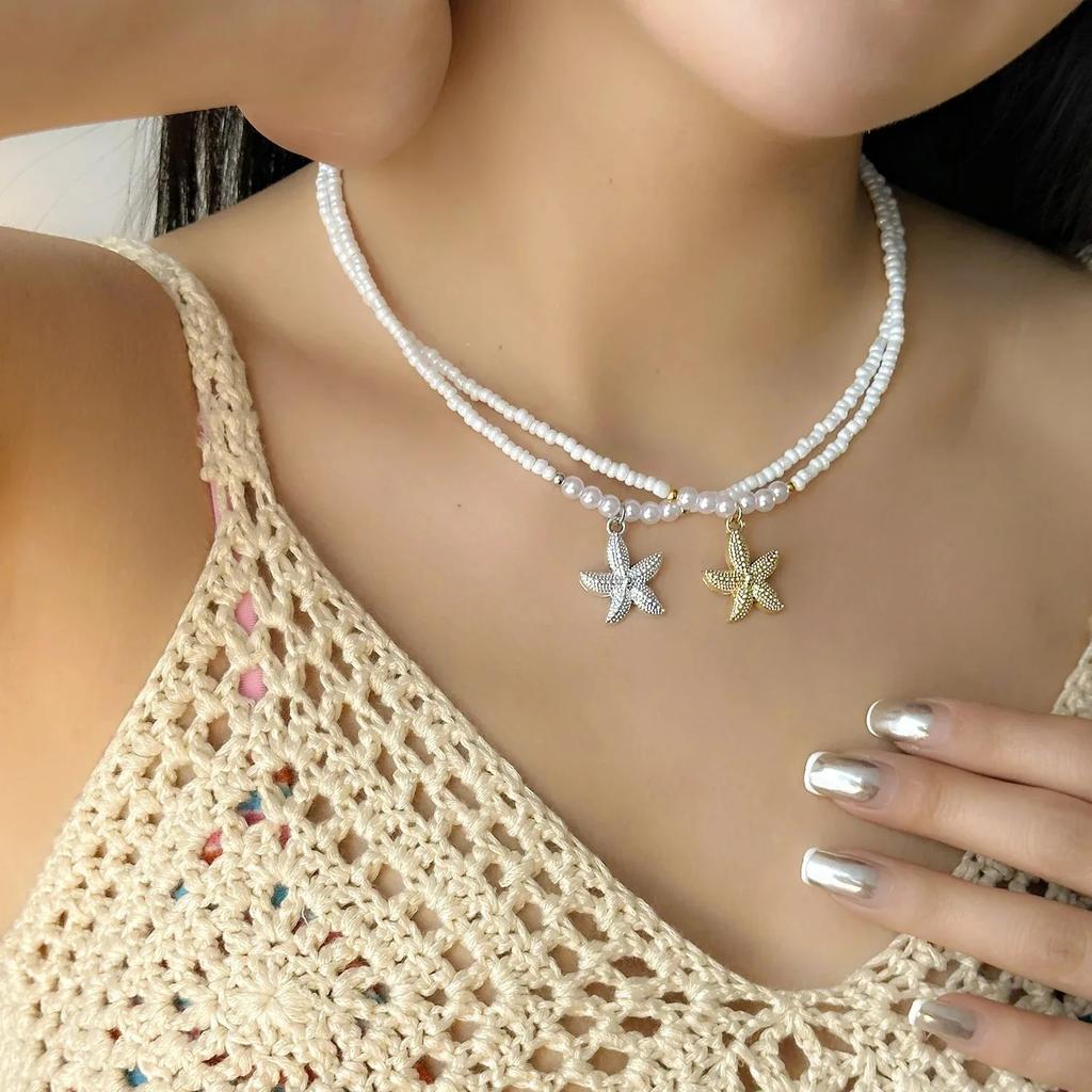 Attractive Bohemian Rice Beads Starfish Pendant Necklace for Women Handmade Imitation Pearl Beaded Choker Summer Beach Jewelry