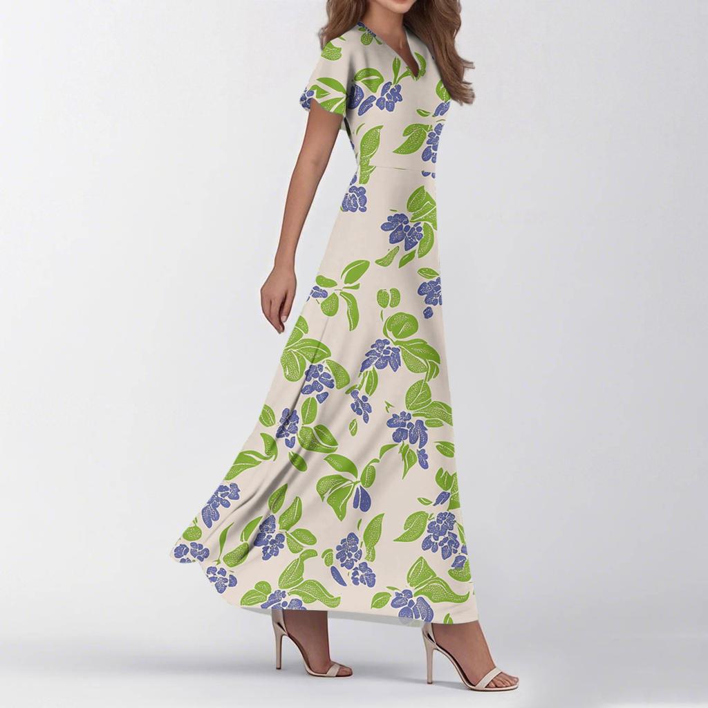 Rochii de vară casual de modă pentru femei, cu imprimeu, cu gât în V, cu mâneci scurte