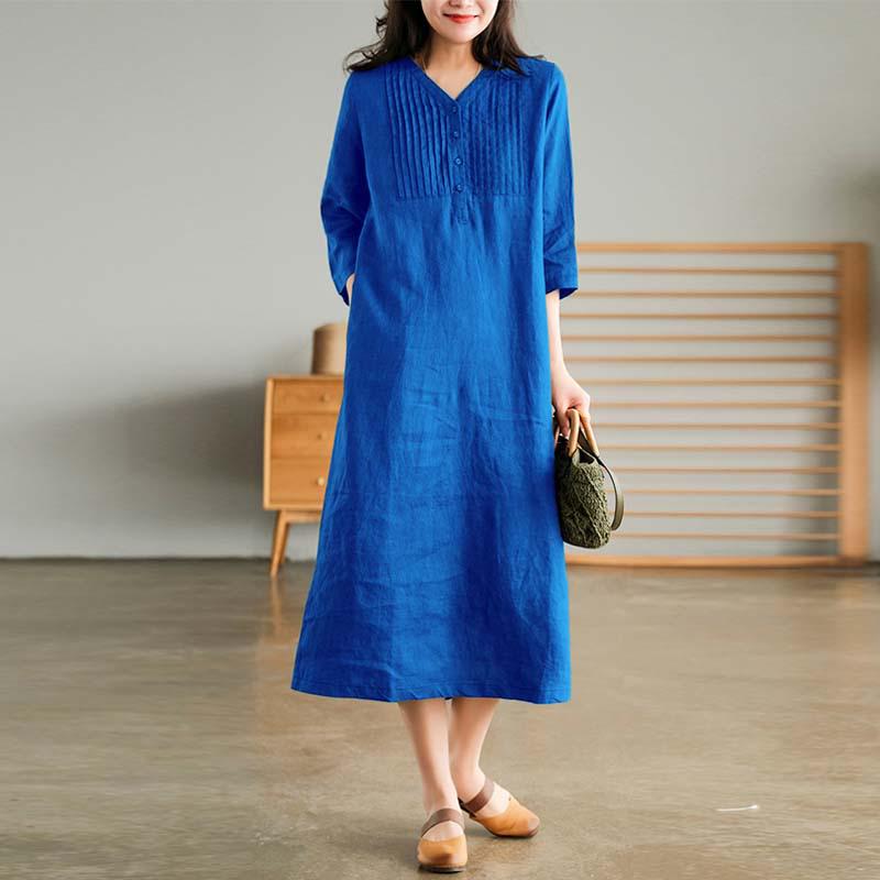 2024 Summer Artistic Loose Patchwork Cotton Linen V-Neck Mid-Length Dress with Five-Point Sleeves