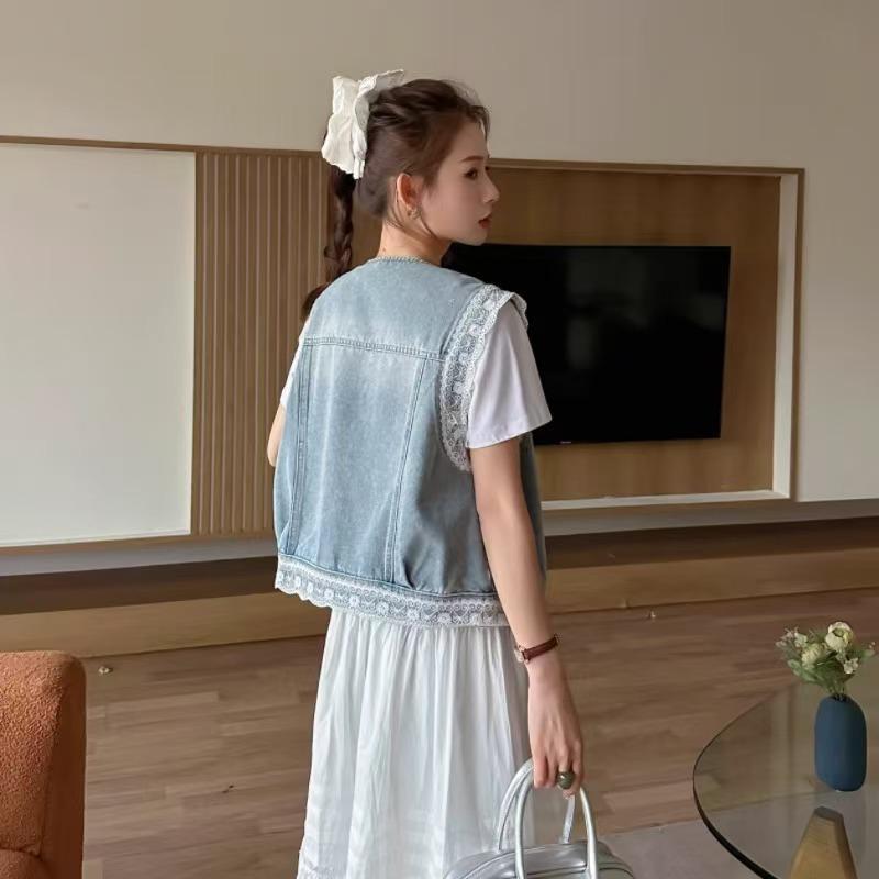 Retro Hong Kong Lace Patchwork Denim Vest Jacket