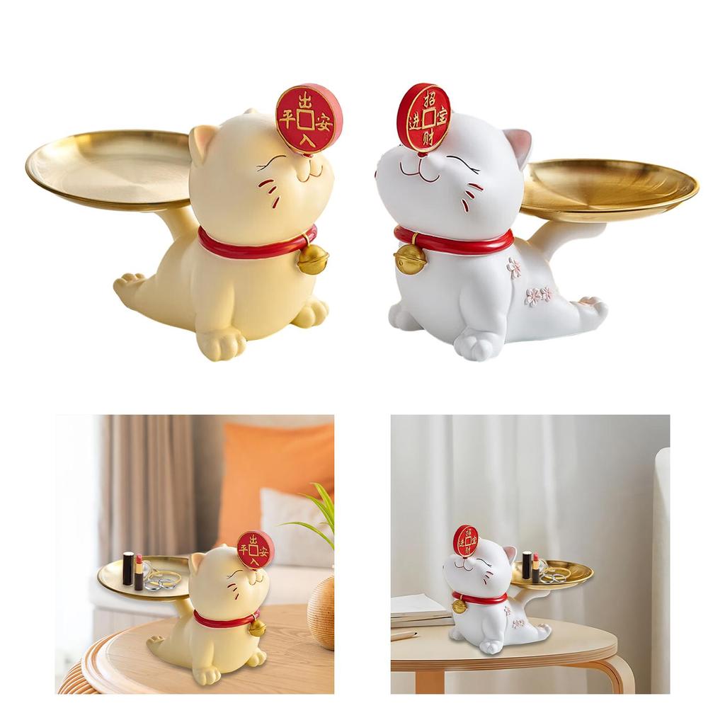 Katzenstatue mit Aufbewahrungstablett Harzfigur Schlüsselhalter Bonbonschale Kreativer Schreibtischorganizer Schmucktablett Schlüsselaufbewahrungstablett
