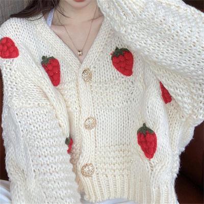 Cute Gentle Pink Sweater Cardigan Women's Spring and Autumn Sweet Wind Strawberry Loose Knitted Jacket V-neck Short Top