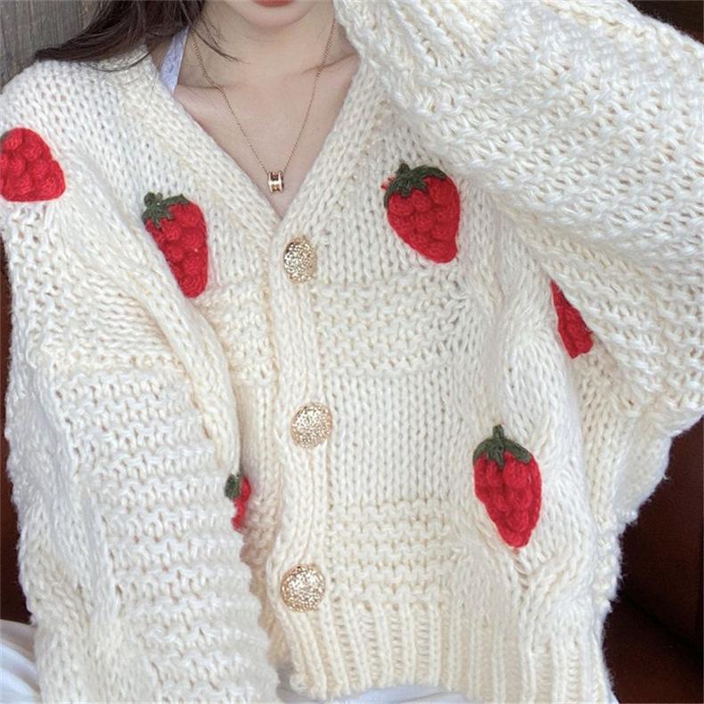 Cute gentle pink sweater cardigan women's spring and autumn sweet wind strawberry loose knitted jacket V-neck short top