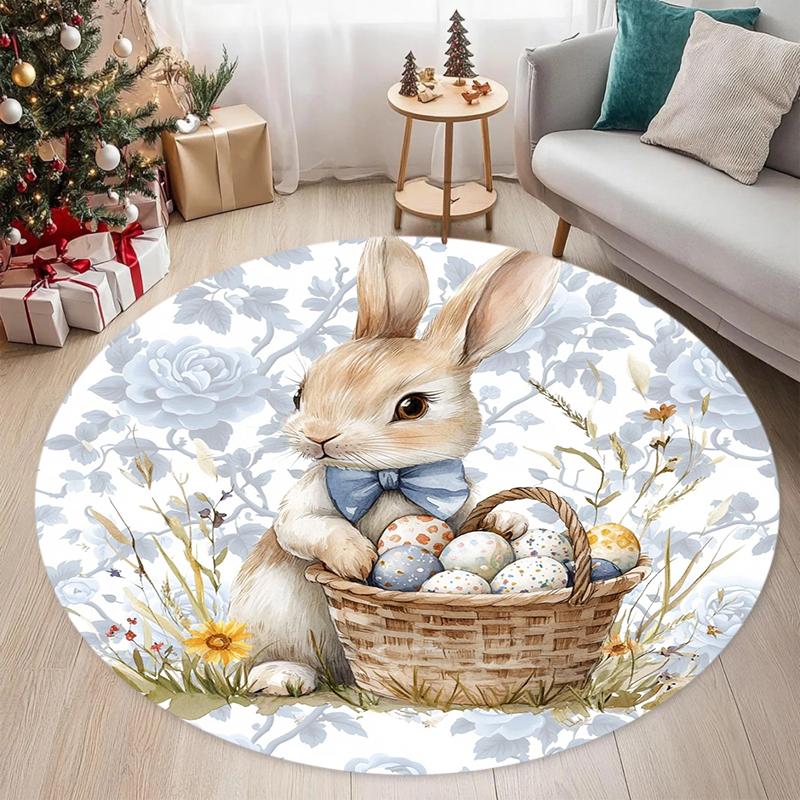 

Rabbit Easter Egg Printed Circular Carpet Spring Floral Print Entrance Doormat Living Room Bedroom Decoration Carpet 100cm x 100cm