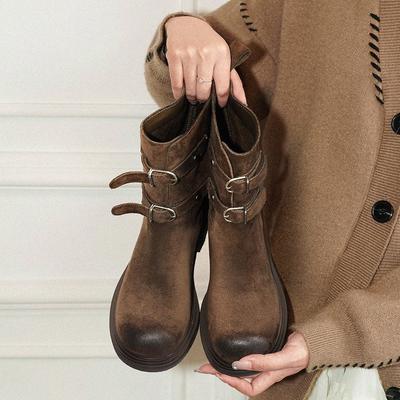 Cowhide Version~ Retro Polished Round Head Belt Buckle Martin Boots Women's 2025 New Thick Heel Western Cowboy Boots Short Boots