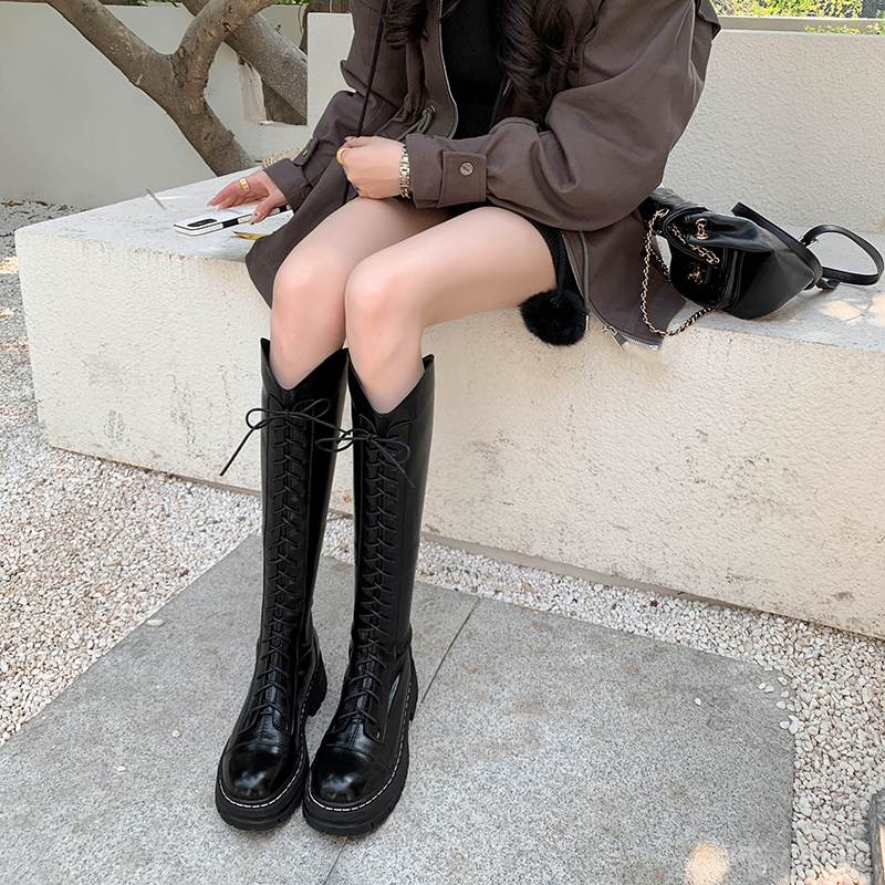 Krazing Pot Buty Jesienno-Zimowe ze Skóry Naturalnej Europejski Design Średnie Obcasy Kozaki Jeździeckie Kobiety Utrzymują Ciepło Kozaki do Uda