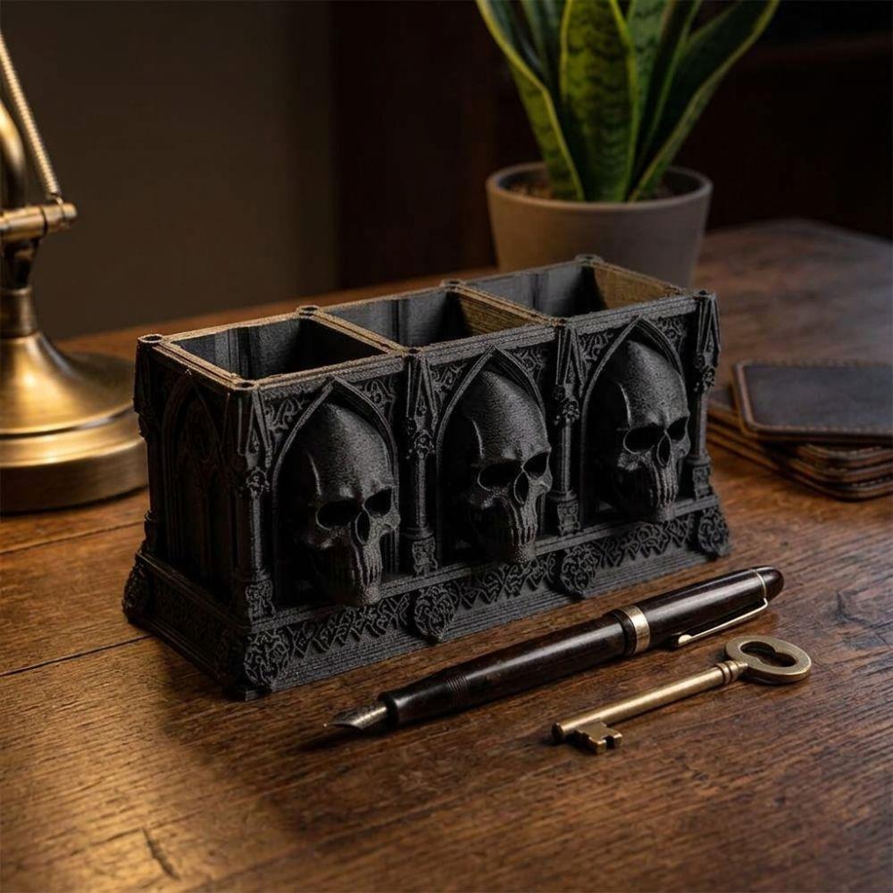 3-Slot Skull Makeup Brush Box Spooky Small Skull Storage Rack Indoor Desktop