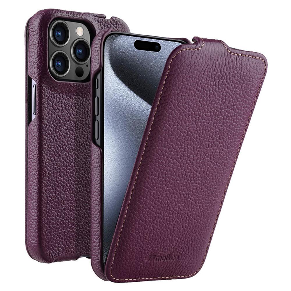 MELKCO For iPhone 15 Pro Max Case Litchi Texture Genuine Cow Leather+PC Vertical Flip Cover