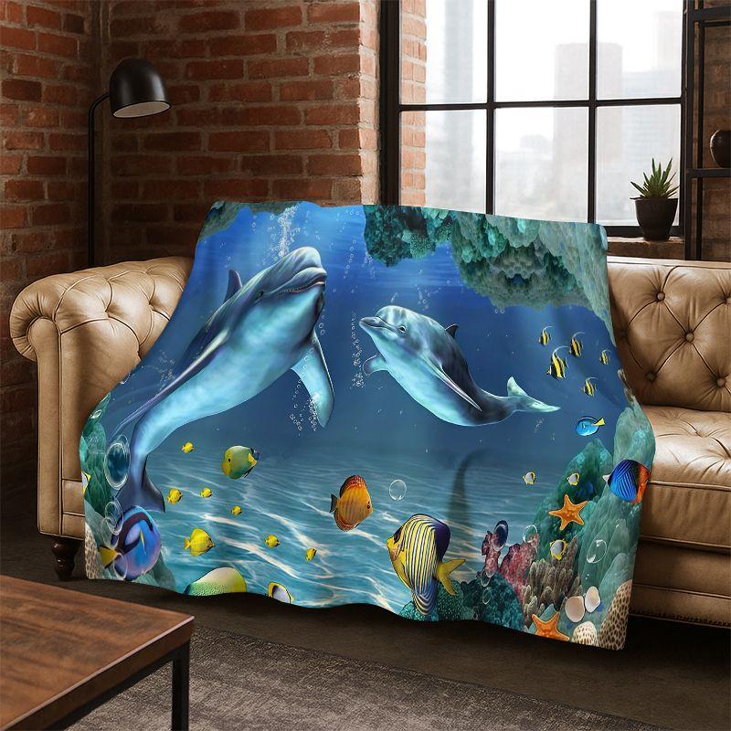 3D Illusion Underwater World Marine Life Shark Dolphin Cartoon Flannel Blanket Throw Blanket for Bedroom Living Room Bed Travel