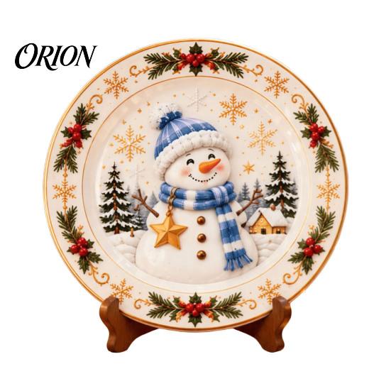 Round Plate Decor Wooden Christmas Plate, Santa Snowman Stocking Tree Bell Sleigh Dish Xmas Party Supplies Decor, Tabletop Ornament for Home
