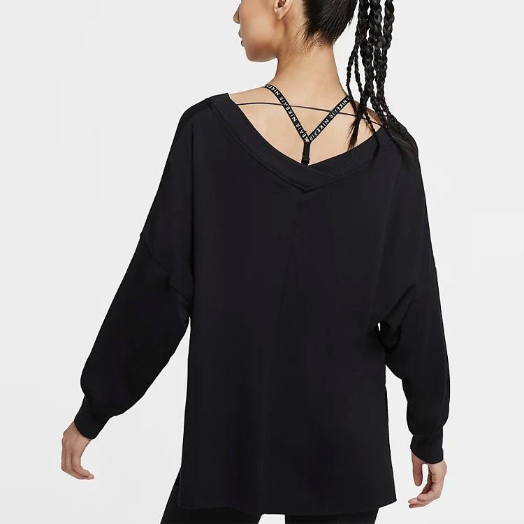 Nike Yoga Solid V-Neck Pullover Long Sleeve T-Shirt Women Tops Black CU5491-010