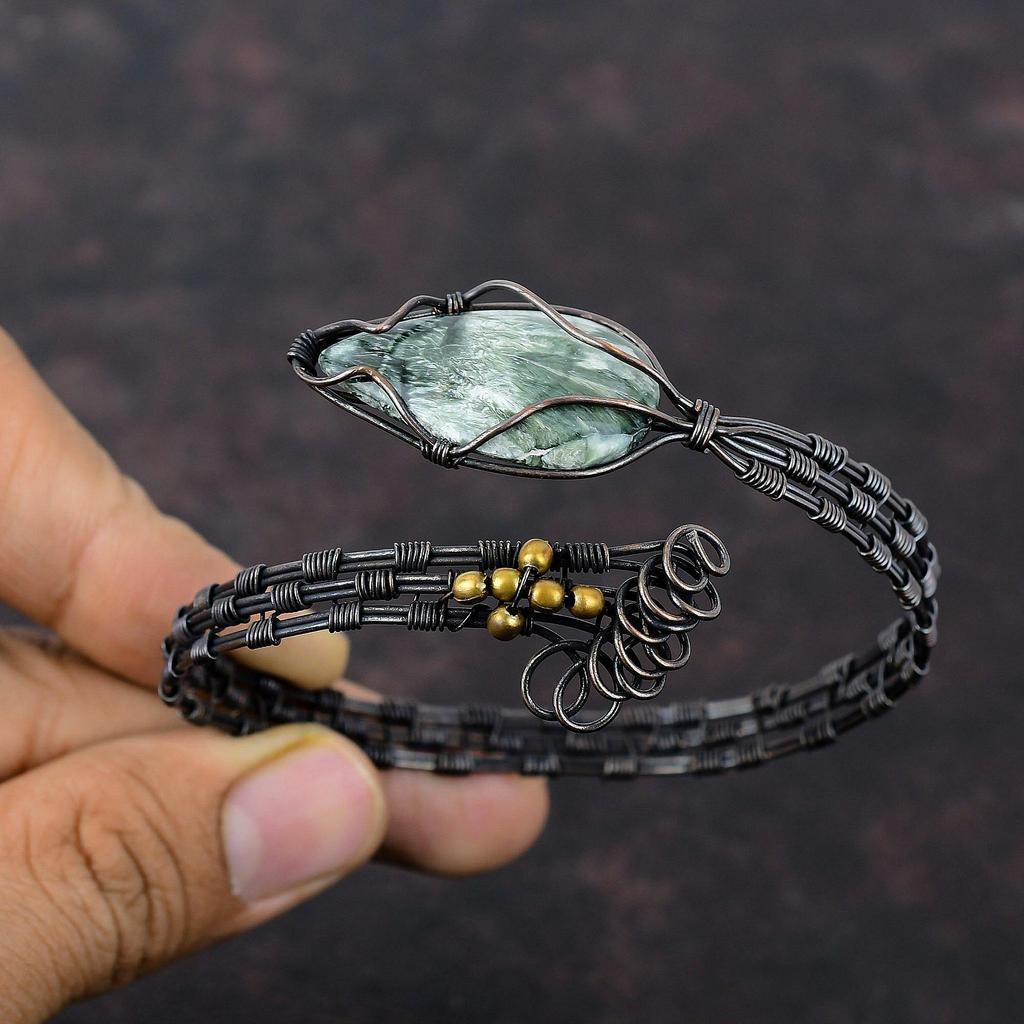 Seraphinite Cuff Bracelet Copper Wire Wrapped Adjustable Bangle Gemstone Handmade Jewelry Copper Cuff Bracelet Wire Wrap Bangle Gift For Mom