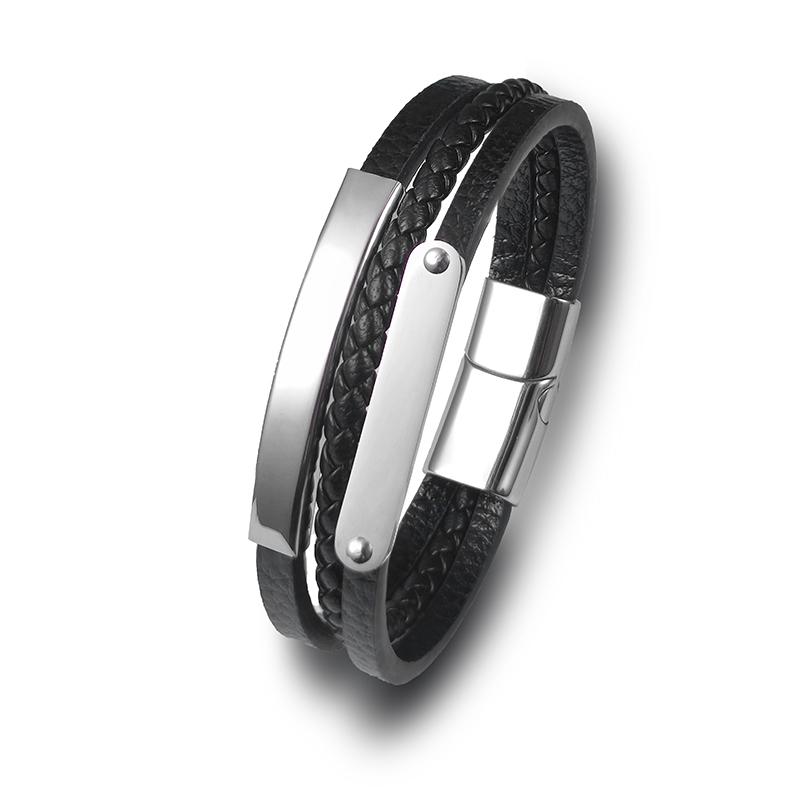 Custom Family Name Bracelet Stainless Steel Charms Bangle Braided Personalized Genuine Leather Men Bracelets Father's Day gifts