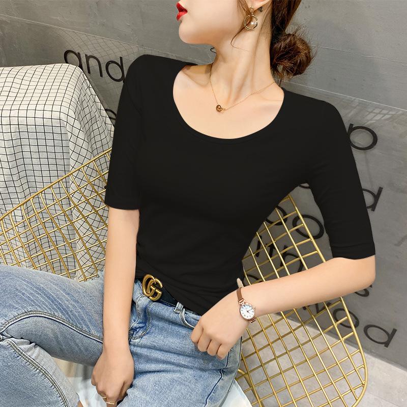 

Белый топ с круглым вырезом и рукавами средней длины для женщин, универсальная хлопковая футболка для весны и лета, облегающие рукава пятью точками и модная базовая рубашка XXL чёрный