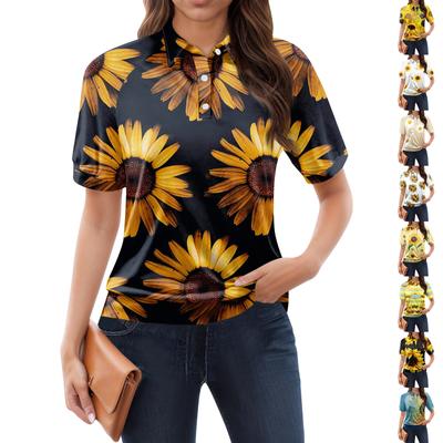 Women's Casual Floral Print V-Neck Short Sleeve Decorative Button T-Shirt Top