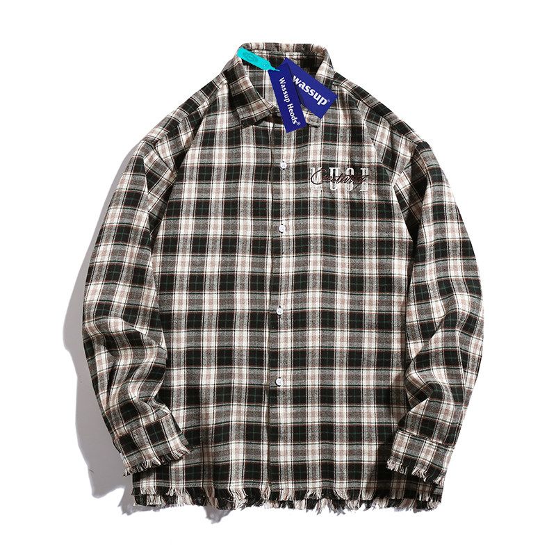 

Wassup American Retro Blue and White Gingham Shirt Men and Women Spring and Autumn Leisure Embroider Letters Shirt Coat Couple Style Black L