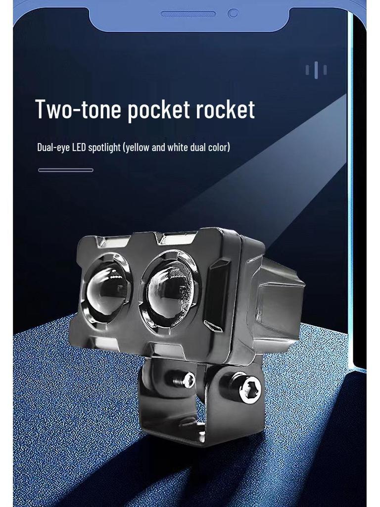 Waterproof Dual-Eye LED Motorcycle Spotlight: Ultra-Bright White & Yellow Light, 9-80V.