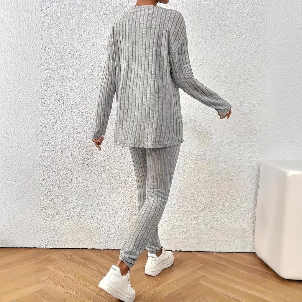 2025 Autumn Women's Casual European & American Knit Suit Set - Loose, Round Neck, Ribbed Design