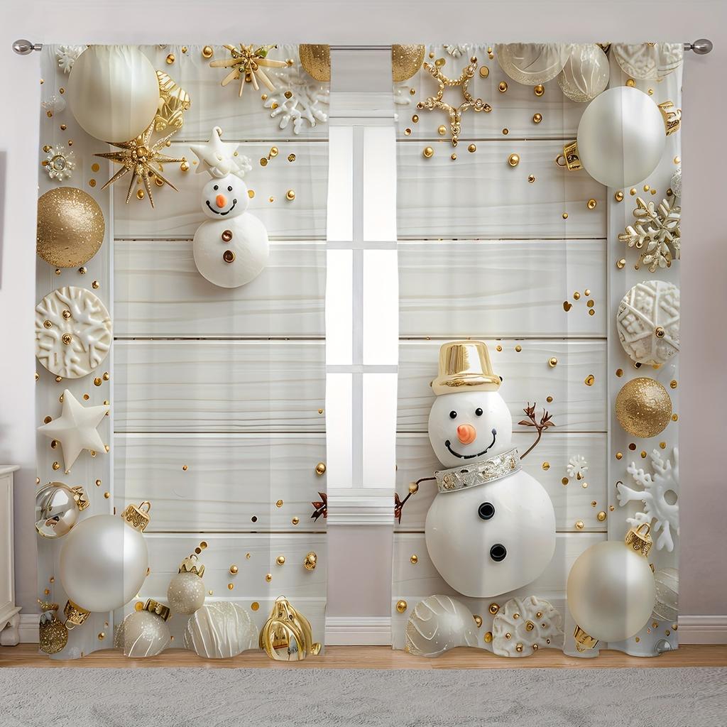 2pcs Elegant White and Golden Christmas Curtains with Snowmen & Trees - Rod Pocket Design Polyester for Living Room Decor