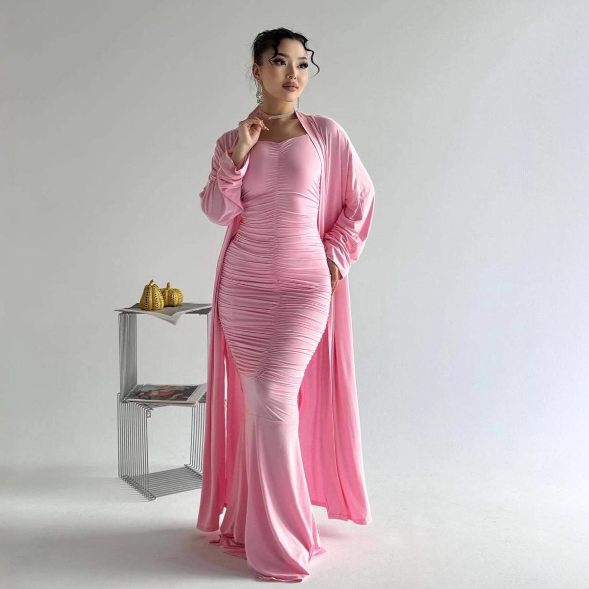Summer wear, European and American cross-border pleated tube top, sexy hip-wrapped long dress, loose cardigan, long jacket, fashion temperament suit XS
