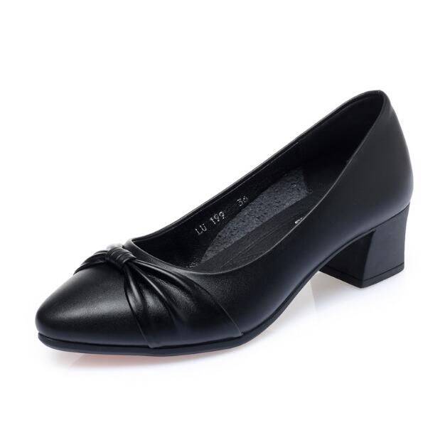 

Women Stylish Round Toe Genuine Leather Square Heel Pumps Lady Casual Black Comfort Career Office Heel Shoes 37