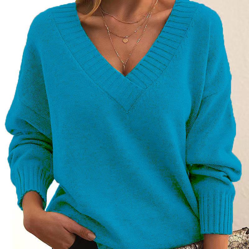 HNXC Women's Fashion Casual Solid Color Print Autumn Winter Long Sleeve V-Neck Loose Sweaters