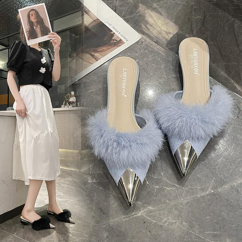 Fashion 2025 NEW High Quality Simple Fashionable Pointed Toe Block Heel Slippers Indoor Outdoor Wear Comfortable Half Slippers